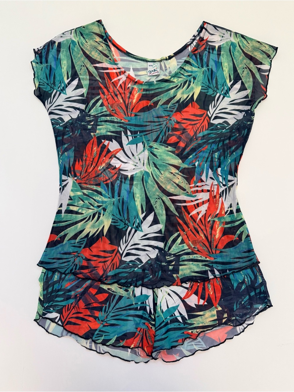 Cover-Up Swim Tropical Leaf Printed Two-Piece Set - Green, Teal & Coral Size M